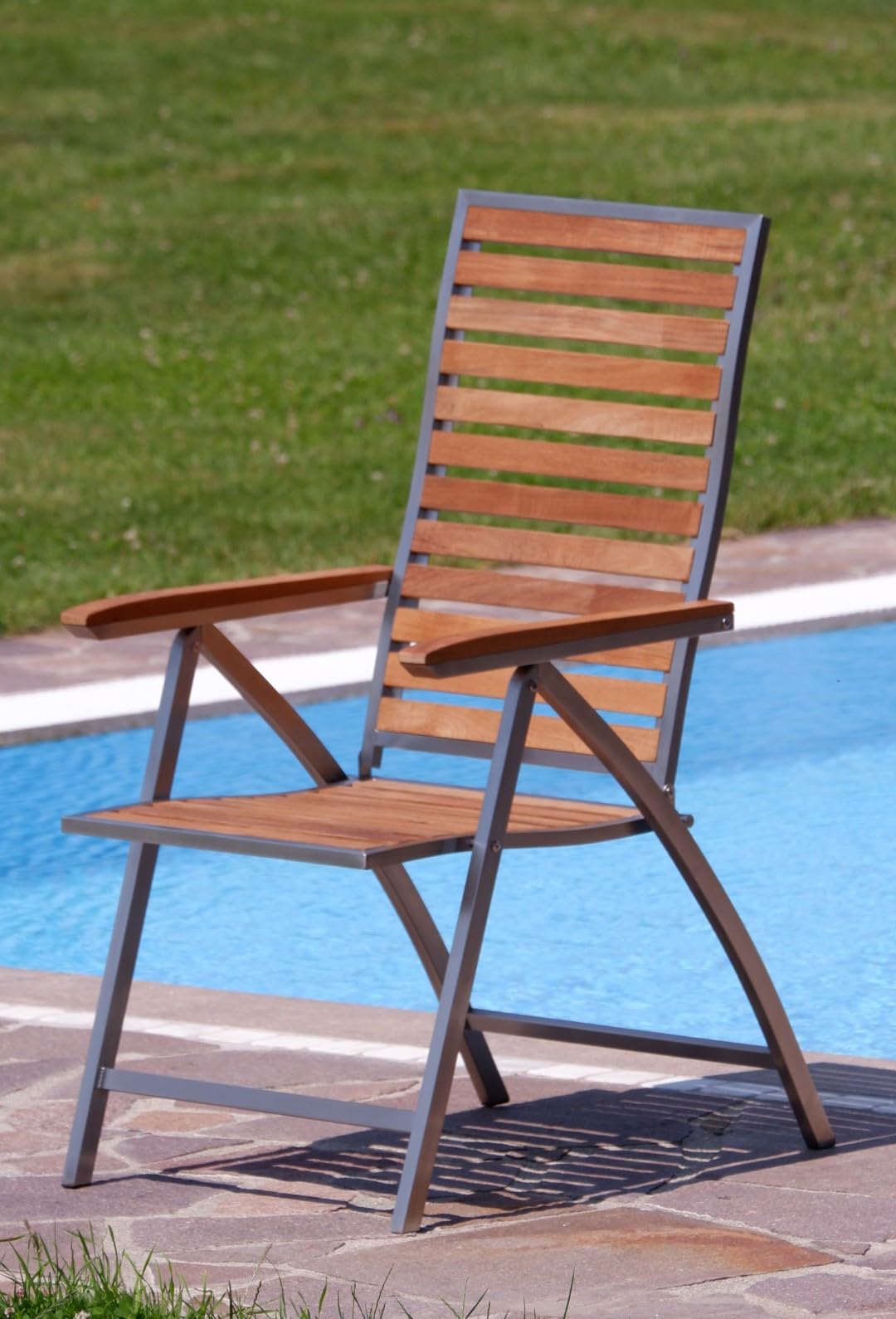ALEOS. Gartengarnitur Edelstahl Teak Set: Ausziehtisch 200-260x100 cm + 10 Teak-Edelstahl Hochlehner, Sitzgruppe A-Grade Teak Holz - Serie Nassau - Gartenmöbel Set 10 Personen Gastronomie Qualität