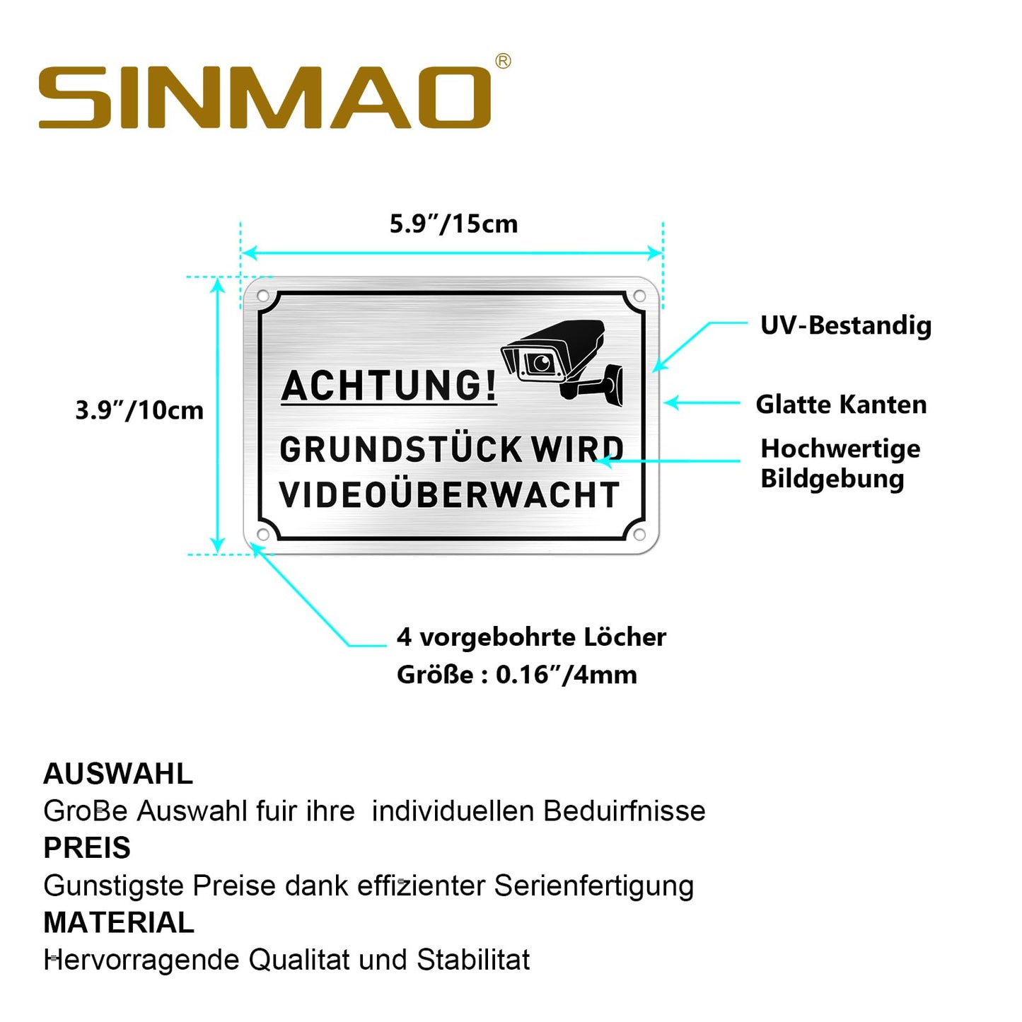SINMAO “ACHTUNG!GRUNDSTÜCK WIRD VIDEOÜBERWACHT ”mit Bohrlächer,Wetterfest,Reflektierend - (15 x 10 cm,0.1 cm Dick）- Warntafel-Videoüberwachung Schilder