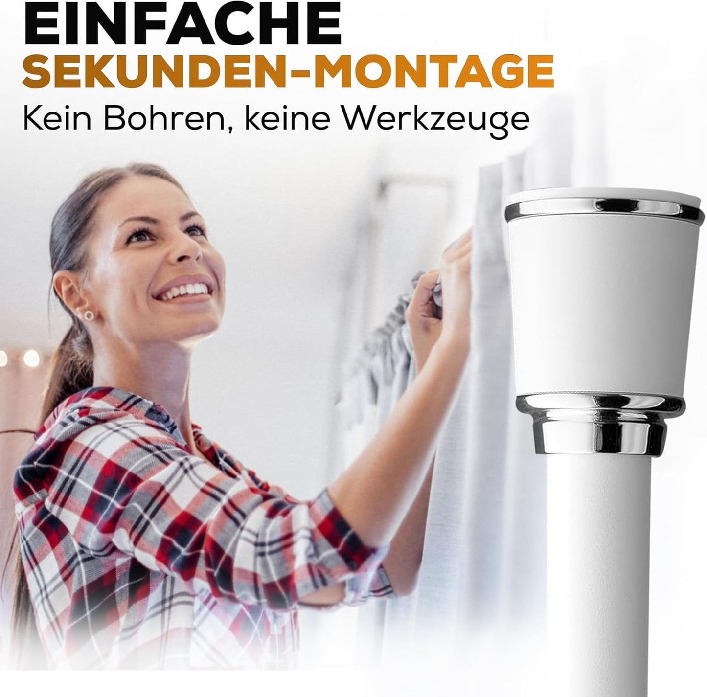 MEISENBERG Teleskopstange 220-270 cm Ø32mm, Weiß – Gardinenstange ohne Bohren, Klemmstange Ausziehbar, Vorhangstange zum Klemmen – Ideal für Vorhang & Gardinen