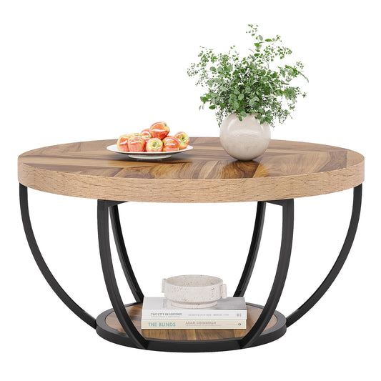 Tribesigns Runde Couchtisch, Industrial 2-Tier-Kreis Couchtisch mit Lagerung Regale, Moderne hölzerne Akzent Mitte Tisch Sofa Beistelltisch für Wohnzimmer, Home Office