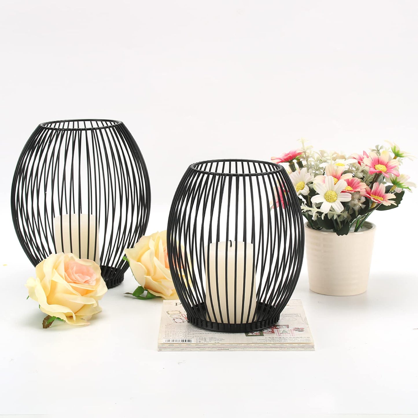 GoMaihe Oval Kerzenständer 2er Set, 9 x 15.5cm und 9 x 18cm Kerzenhalter Stabkerze Metall Deko Kerzenleuchter, Kreativ Vintage Kerzen Ständer für Weihnachts Hochzeit Essen, Schwarz.MEHRWEG