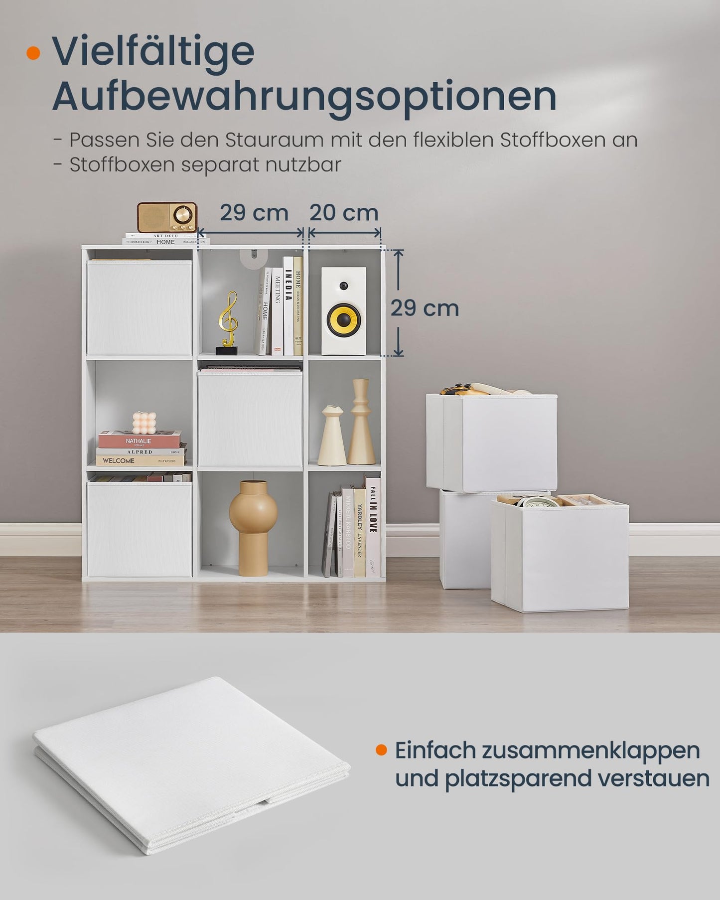 SONGMICS HOME 9-Fächer-Bücherregal, Schneeweiß, Werkzeugloses Würfelregal mit 6 Stoffschubladen, Flexibler Organizer für Wohnzimmer und Büro