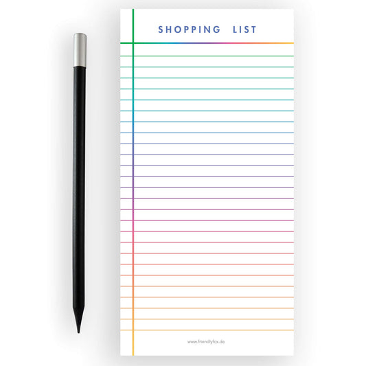 Friendly Fox magnetischer Notizblock, 1x Magnetblock Kühlschrank mit 50 Einkaufszettel magnetisch & Bleistift, to-do listen Block DIN lang, Regenbogen