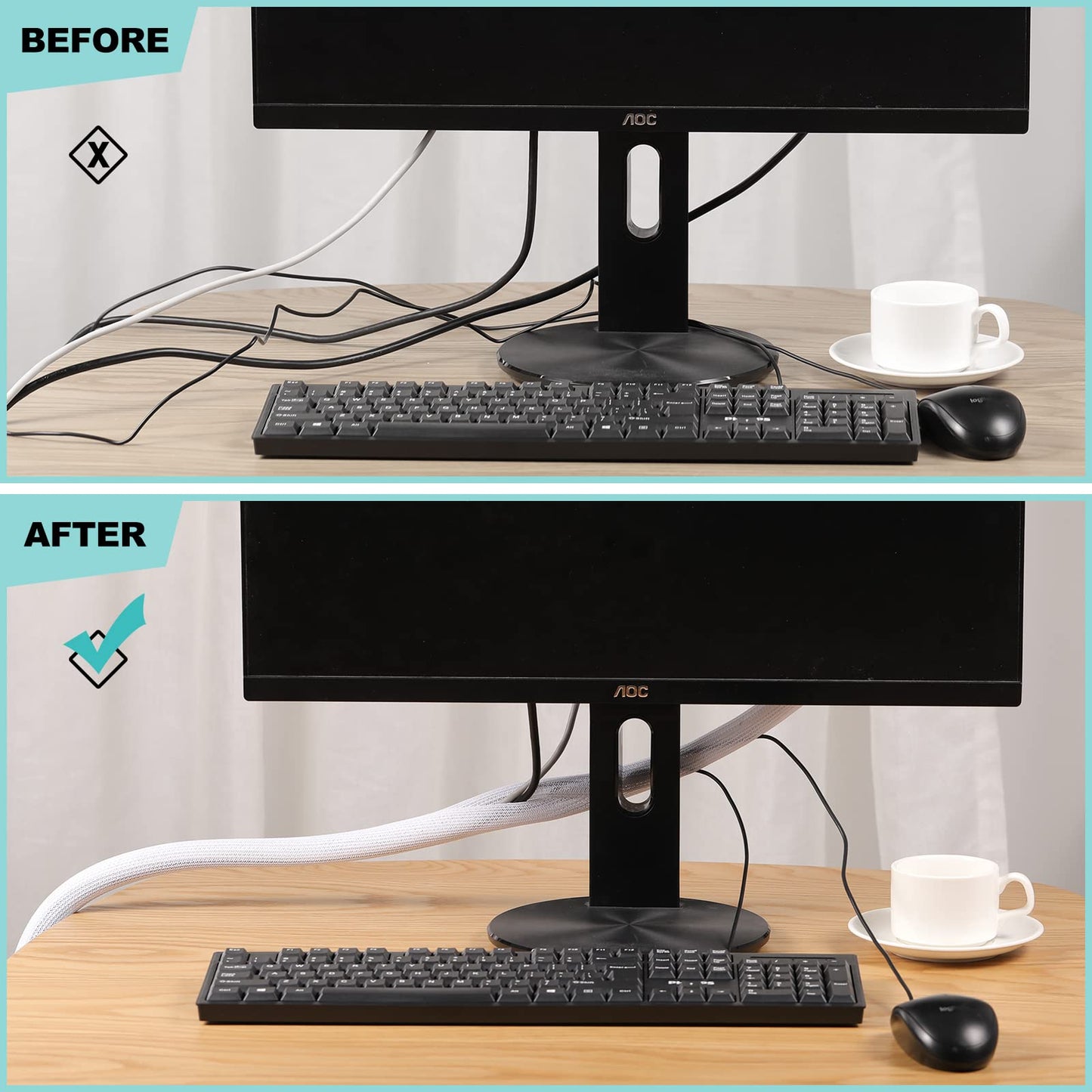 AGPTEK vergrößer Kabelkanal, Durchmesser 19-29mm, selbstschließend Kabelschlauch, gewebter Kabelmantel zuschneidbar, flexibel 2 * 1.5m, verstecken im Schreibtisch, TV, Boden (White)