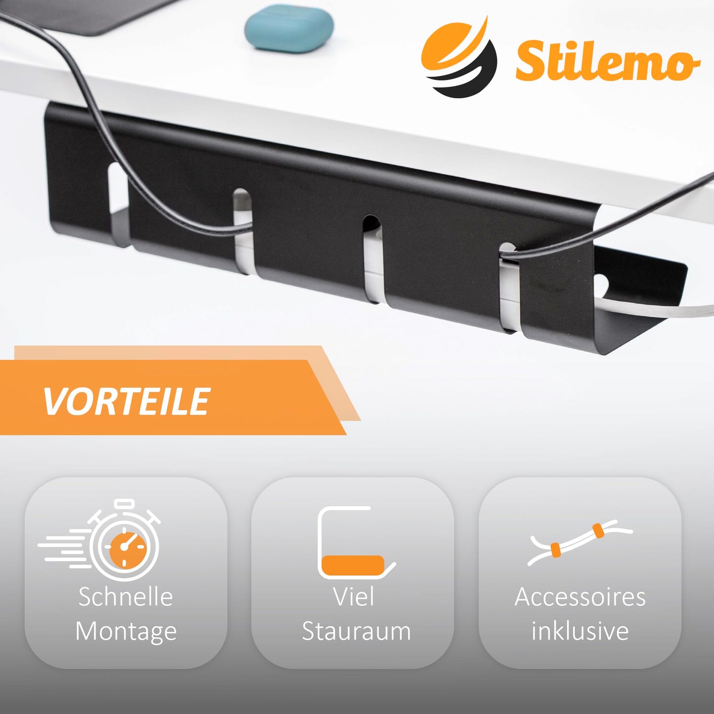 Stilemo® Kabelkanal Schreibtisch - Kabelmanagement Schreibtisch Organizer Kabeldurchführung - Cable Management Kabelhalter Kabelwanne Tisch 2er Set - 43x12x10 cm - Kabelkorb Schwarz