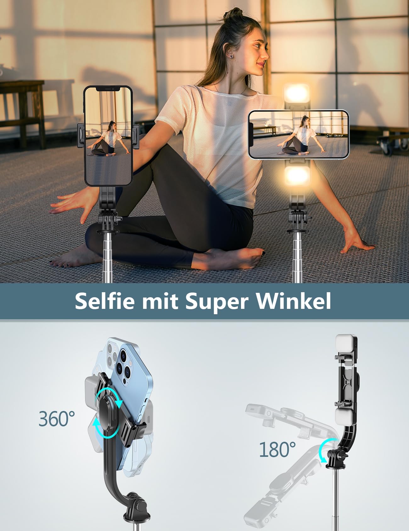 Selfie Stick Stativ mit 2 Fülllicht, 114cm Verbessertem Stabil Handy Stativ mit Abnehmbarer Fernbedienung, Stativ für Smartphone Kompatibel mit iPhone Samsung & Android Smartphones