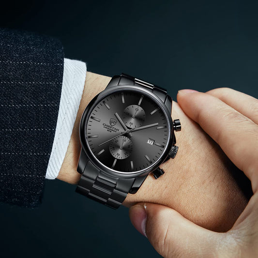 Herrenuhren mit lässiger wasserdichter Chronographen Quarzuhr aus Edelstahl und Metall, Auto Date in farbenfrohen Zeigern
