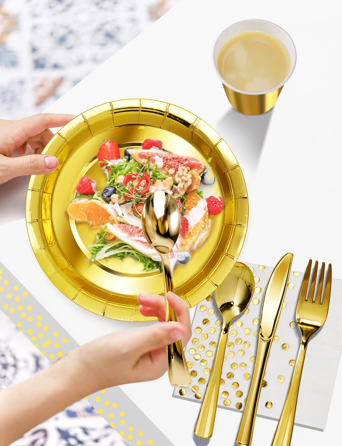 141Stück Weißgold Partygeschirr,Partyzubehör Pappteller Set,Wiederverwendbar Papier Geschirr Set einschließlich Tischdecke Teller Becher Servietten zum Geburtstag,Hochzeiten,Jubiläums(20 Gäste)