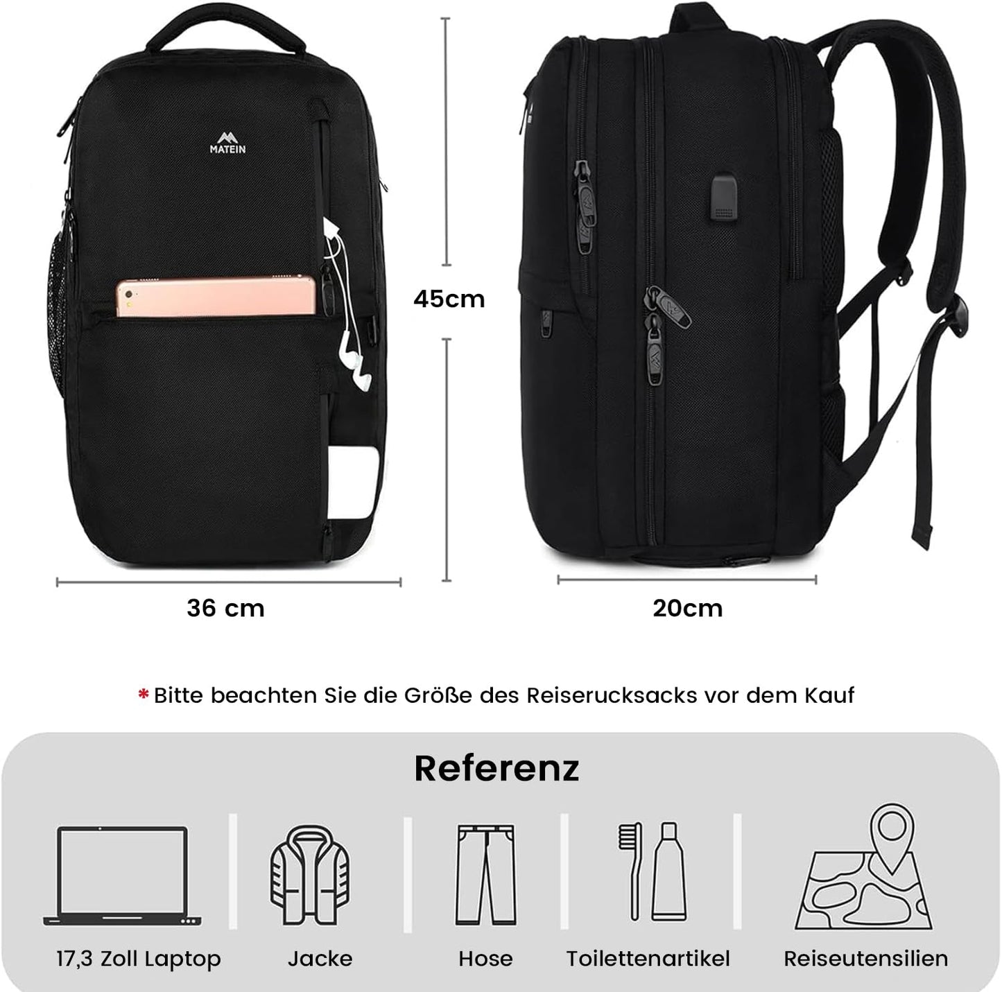 MATEIN Reiserucksack für Easyjet Handgepäck 45x36x20, Handgepäck mit Schuhfach und USB Ladeanschluss 17,3 Zoll Laptop Rucksack Wasserabweisend Herren Damen für Reise Business 30L, Schwarz