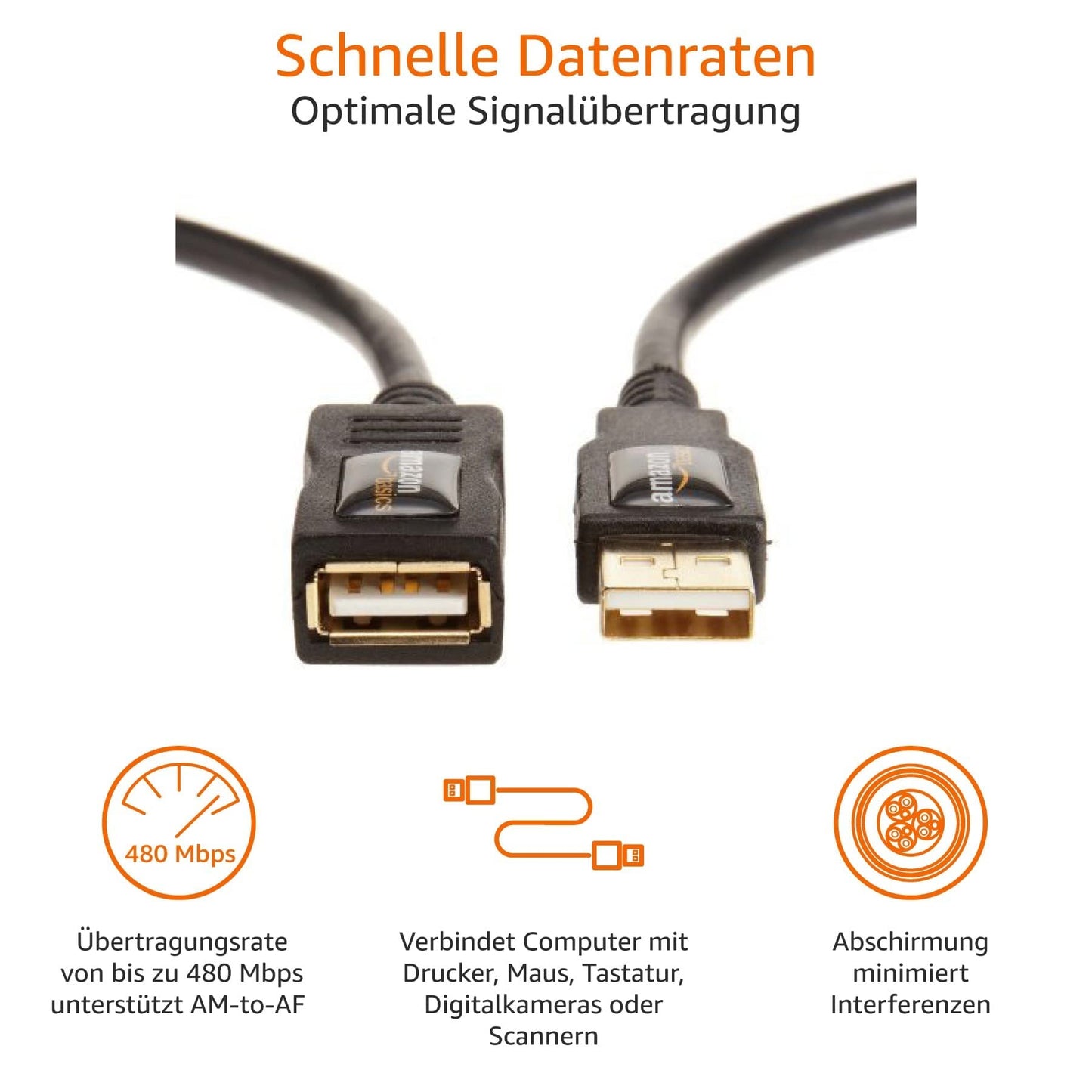 Amazon Basics USB-A 2.0 Extension Cable, Male to Female, 480Mbps Transfer Speed, 9.8 Foot, Black