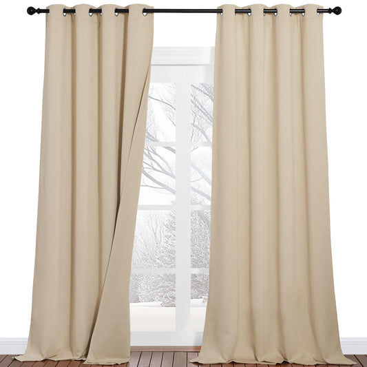 PONY DANCE Schallschutz Vorhang mit Filzfutter Dreilagige 100% Verdunklungsvorhänge mit Ösen 2er Set H 240 x B 132 cm Schlafzimmer Gardinen und Vorhänge Beige Blickdicht, Biscotti Beige