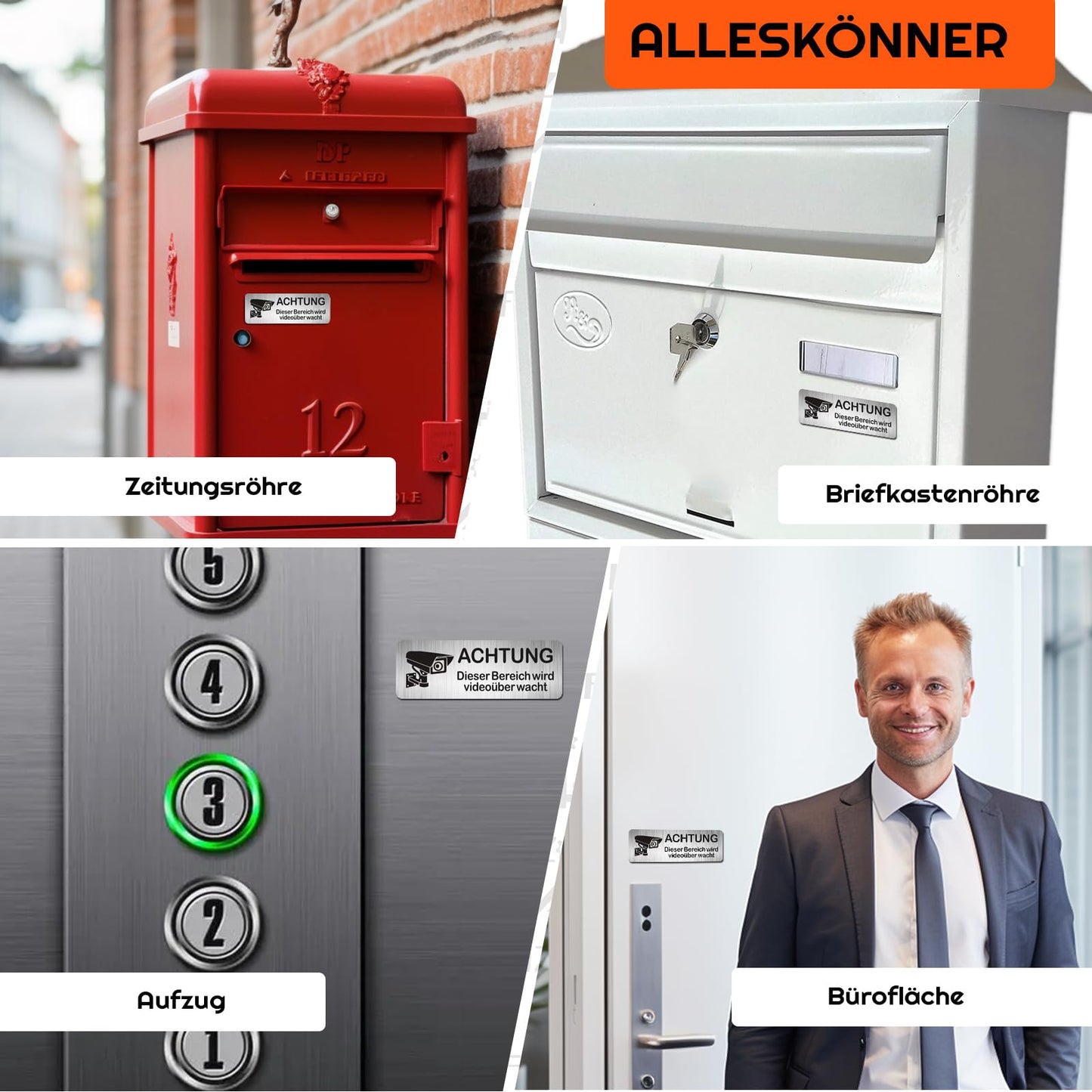 AIFIZO Schild Videoüberwachung 2 Stück 85mm×30mm mit 3M Tape, Gebürsteter Aluminium Achtung Videoüberwachung Schild, Achtung Privatgrundstück, Selbstklebend & Aluminium, Videoüberwachung Schild