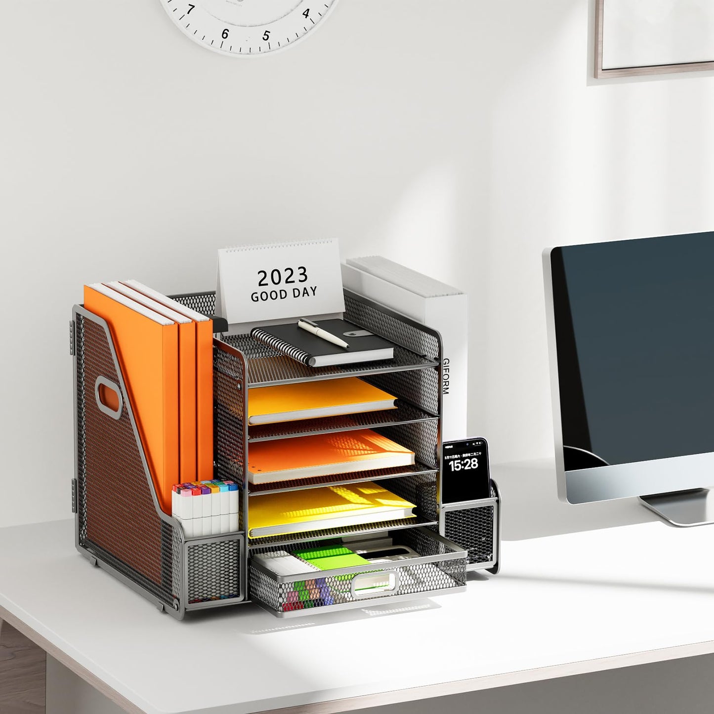Restorgan Schreibtisch Organizer mit Aktenhalter, 5-stufiger Papier Organizer mit Schublade, Mesh Schreibtisch Akten Organizer mit Zeitschriftenhalter für Büro Organizer Schreibtisch (schwarz)