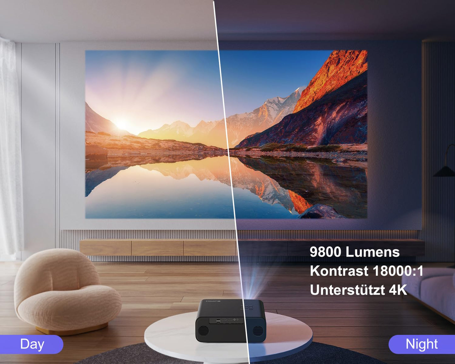 Beamer【Autofokus/Trapezkorrektur】 25000 Lumen WiFi6 Bluetooth Full HD 1080P Beamer Unterstützt 4K, 4P/4D Trapezkorrektur 50% Zoom 300 '' LED Heimkino Video Beamer, für Fire Stick/PS5 Handy Projektor