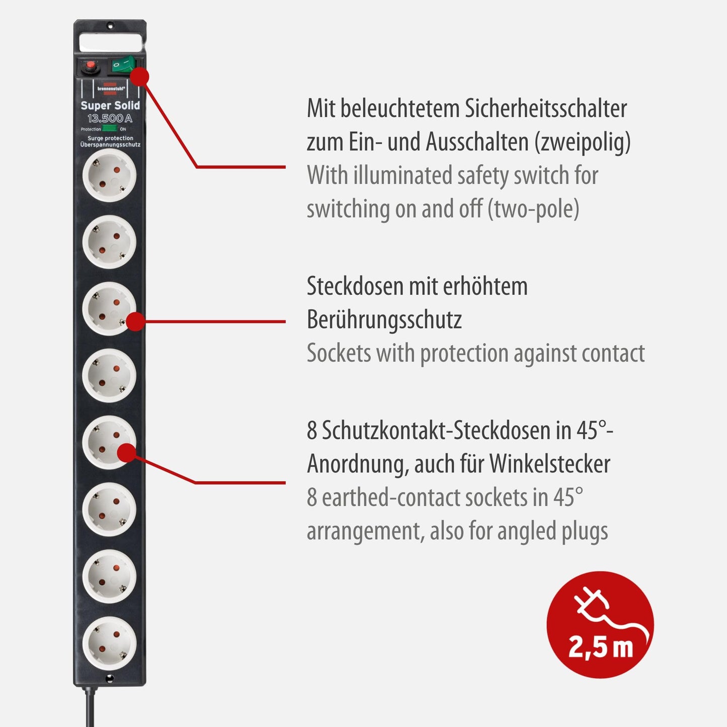 Brennenstuhl Super-Solid, Steckdosenleiste 8-Fach mit Überspannungsschutz (Steckerleiste mit 2,5m Kabel und Schalter, Mehrfachsteckdose aus bruchfestem Polycarbonat) schwarz/grau