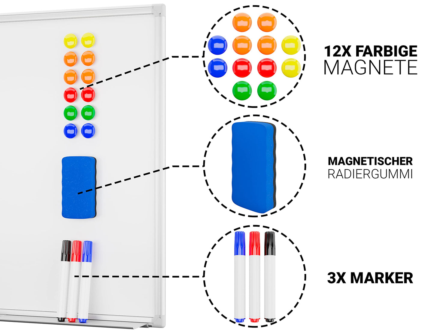 Alaskaprint Whiteboard magnetisch Magnettafel Magnetwand beschreibbar Pinnwand Tafel mit Alurahmen inklusive 3 Stifte, 12 Magnete und Schwamm 60 cm x 45 cm (B x H)