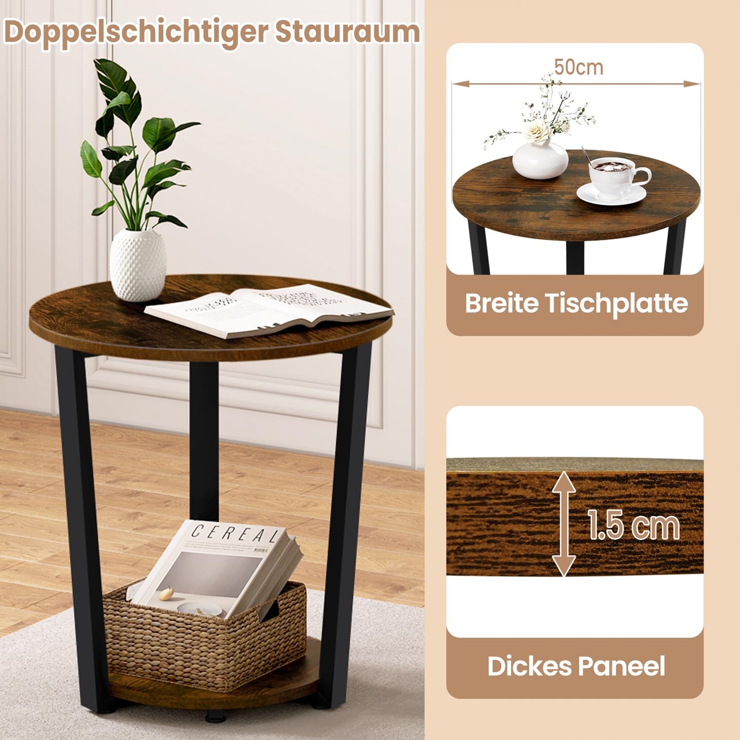WOLTU Couchtisch rund, Beistelltisch modern, Wohnzimmertisch klein, Sofatisch mit 2 Ablagen, Wohnzimmer Tisch für Couch, Nachttisch, mit Stauraum, aus Holzwerkstoff, Rustikales Braun, BTS13vbn