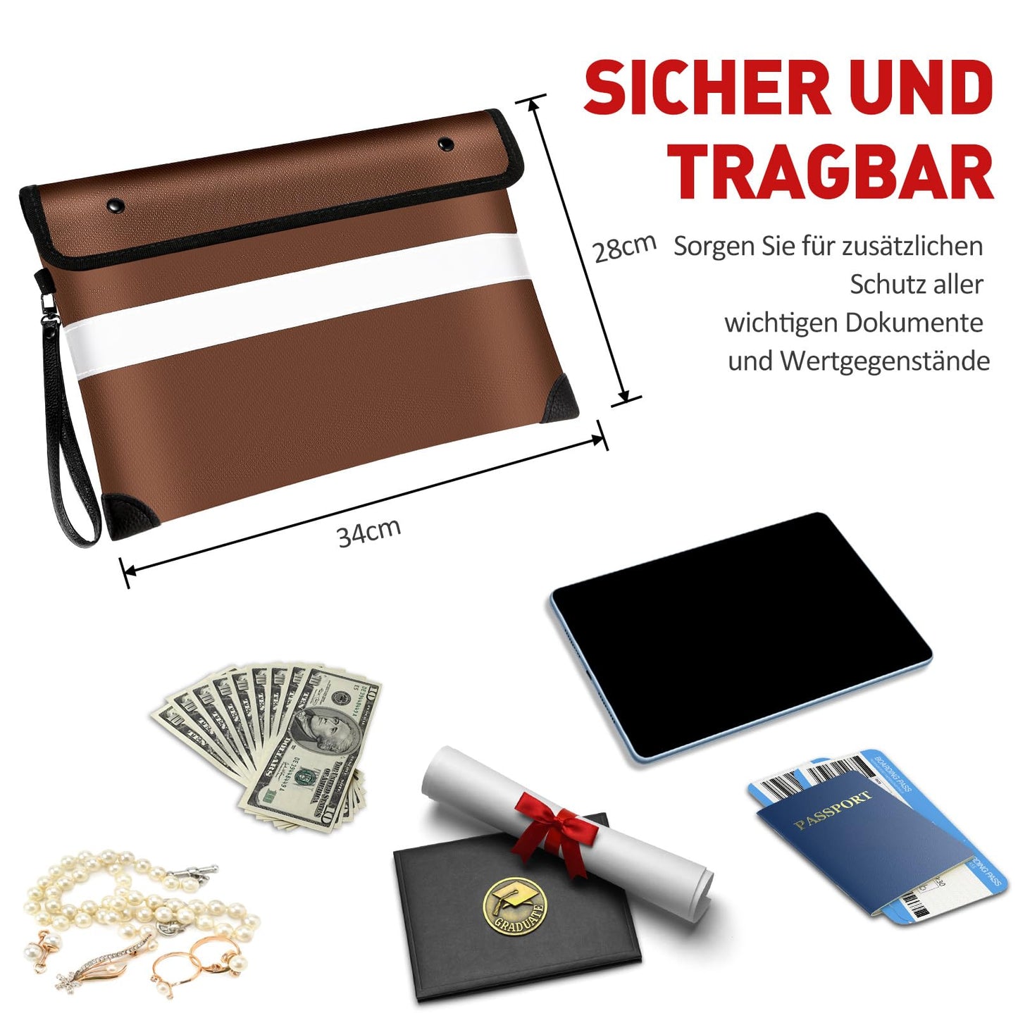 Vailoin 5200℉ Feuerfeste Tasche mit Reißverschluss,(28x19cm) Dokumententasche Feuerfest Wasserdicht,Geldtaschen Banktasche,Dokumentenkoffer Aktentasche für A5 Dokumente,Passport(Braun)