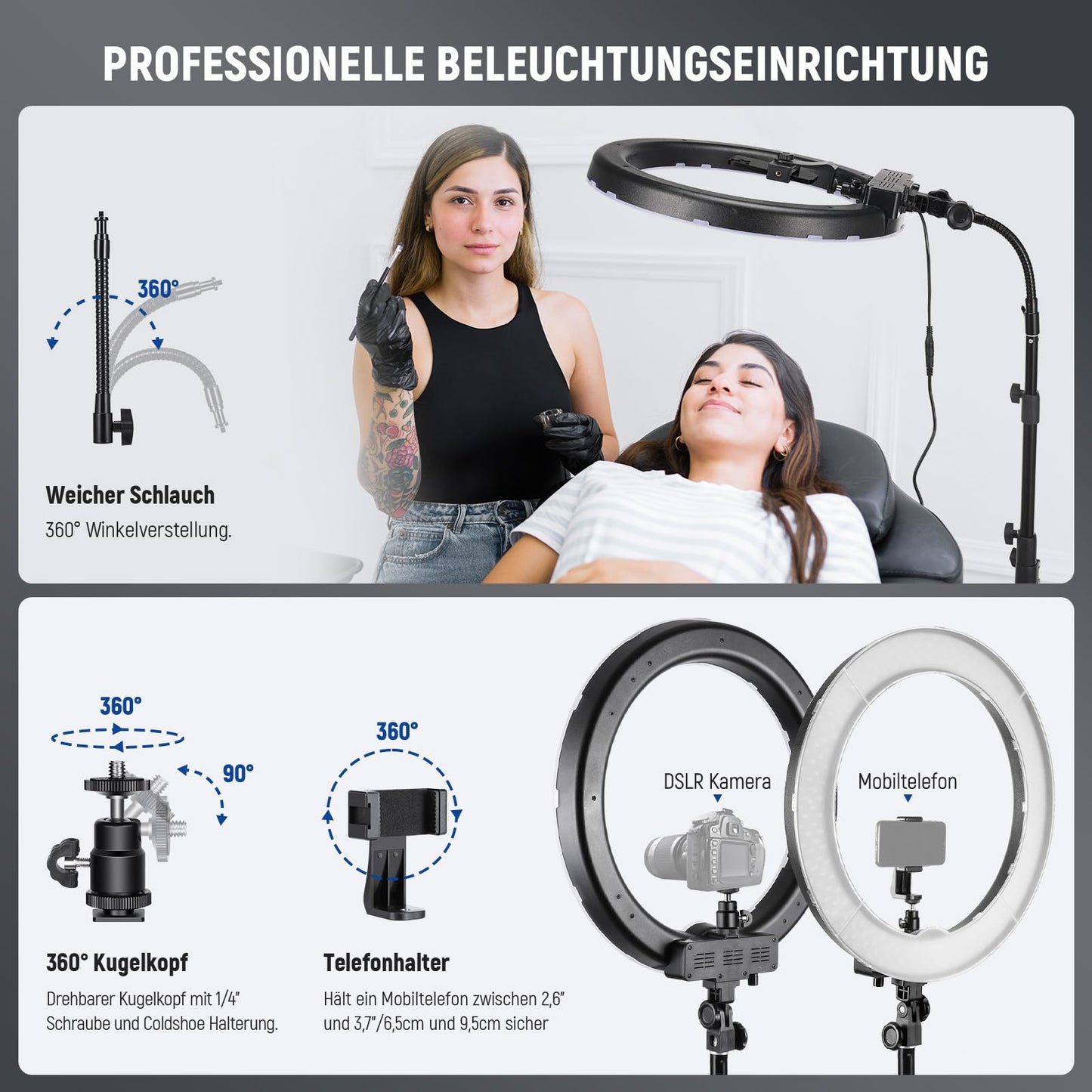 NEEWER Ringlicht mit Stativ Set: 18 Zoll/45cm Außen 55W 5600K Dimmbare LED Ringleuchte mit Bluetooth Fernbedienung für Handy/Kamera für YouTube TikTok Self Porträt Foto, Tätowierer, Make up, Salons