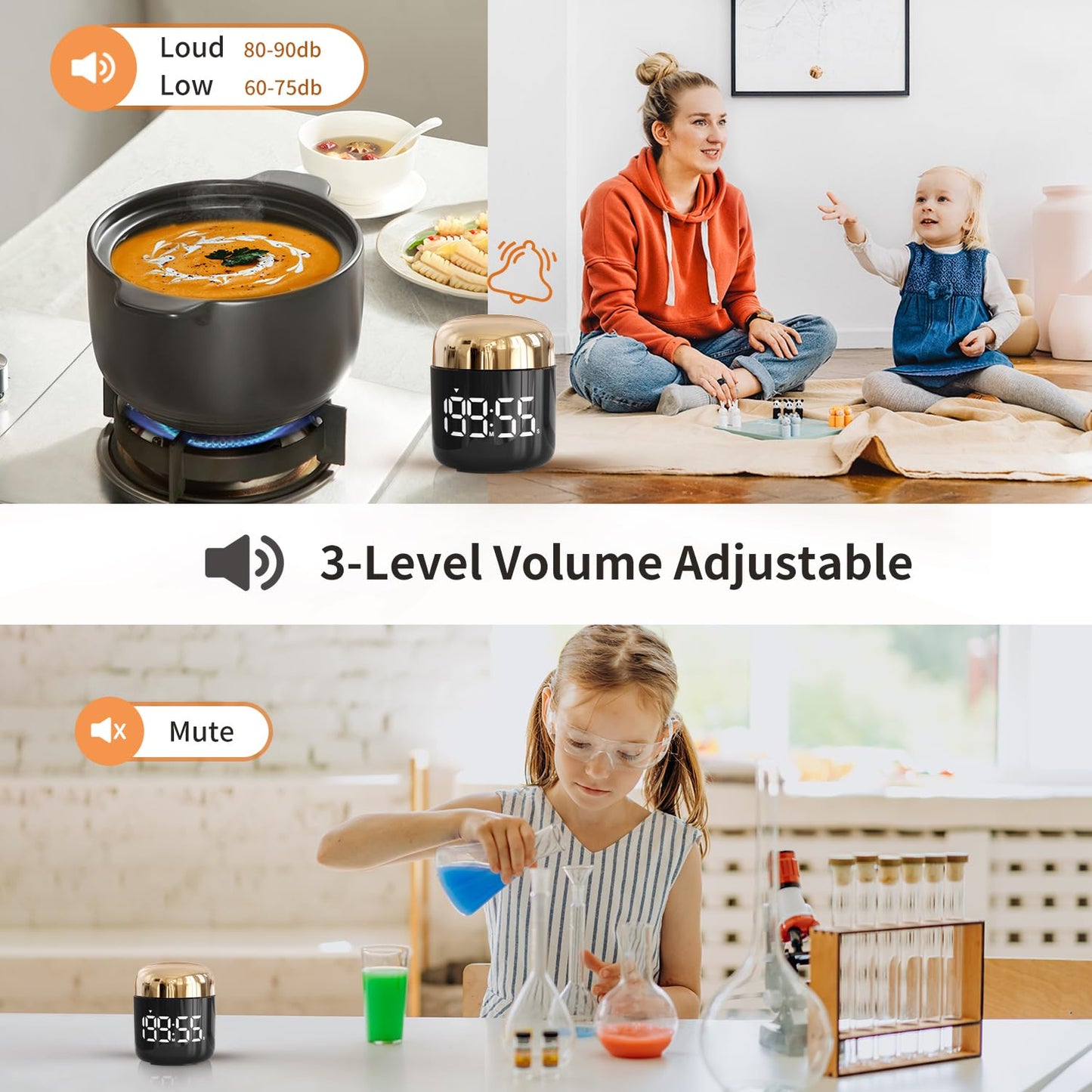 MeesMeek Digitaler Küchentimer mit großer LED-Anzeige Countdown-Timer mit Einstellbarer Lautstärke für Kochen und Lehrzeit für Kinder und Lehrer. (Schwarz) (Golden)