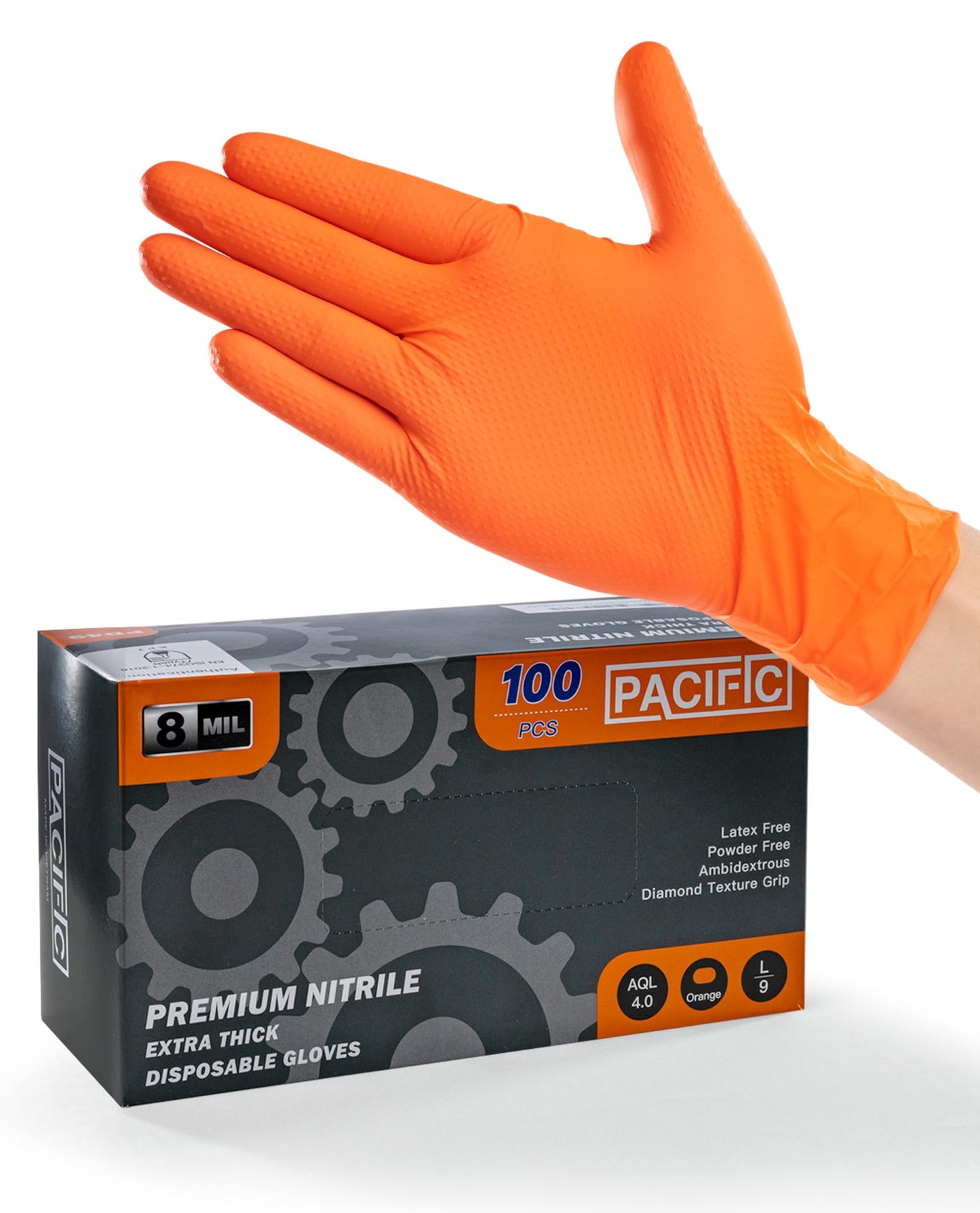 PACIFIC 8-mil Orange Nitril Einweghandschuhe, Heavy-Duty, Industriell, Mechanisch, Diamantstrukturiert, Latexfrei, Puderfrei, EN 374, M