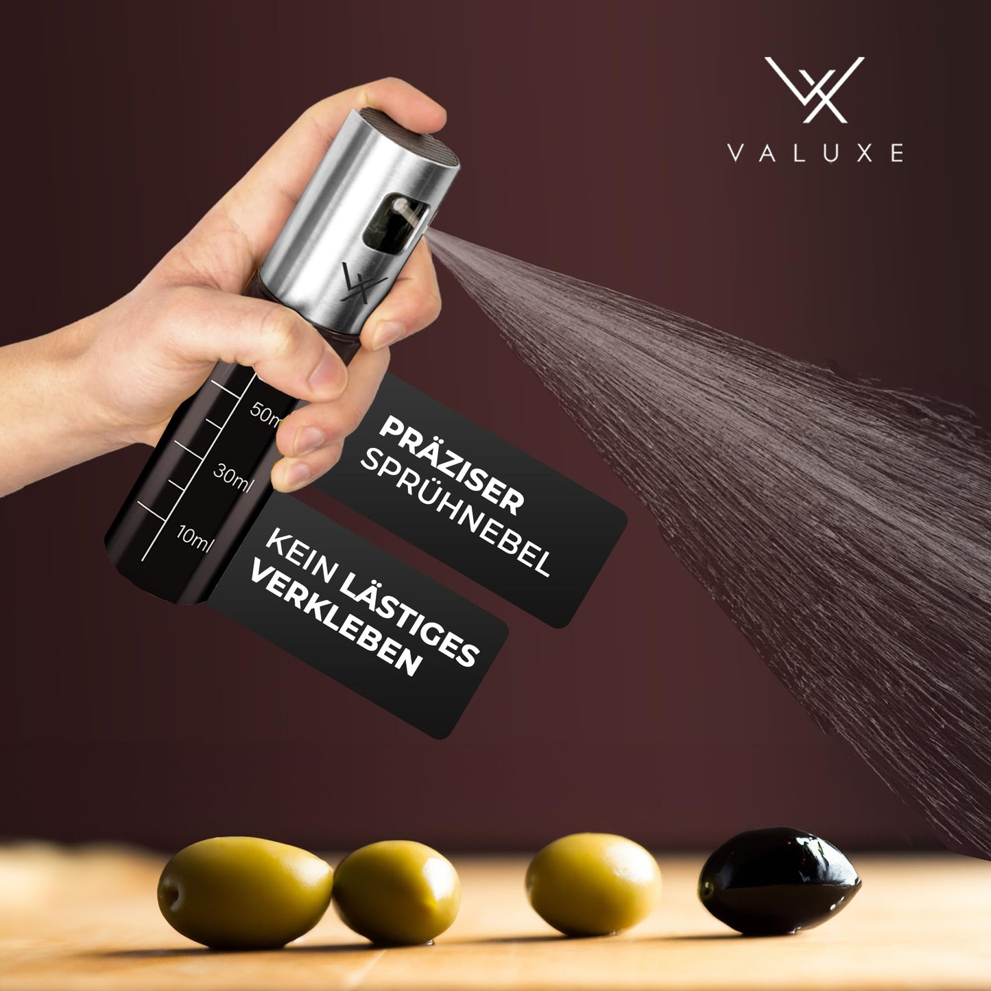 VALUXE® Ölsprüher für Speiseöl und Essig mit UV-Schutz Glas & Sprühfilter - 2er Set Edelstahl Öl-Sprühflasche inkl. Halterung - Präziser Olivenöl Sprüher, Öl-Zerstäuber, Oil-Sprayer
