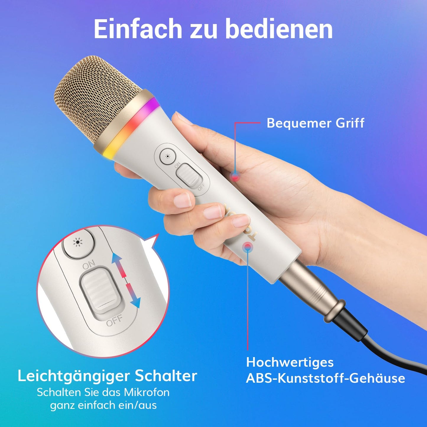 TONOR Dynamisches Karaoke Mikrofon, RGB XLR Gesangsmikrofon zum Singen, Handmikrofon mit 5M Kabel, Weiß Supernieren Microphone für Live-Gesang/Bühne/Lautsprecher/Studio/Zuhause/Party