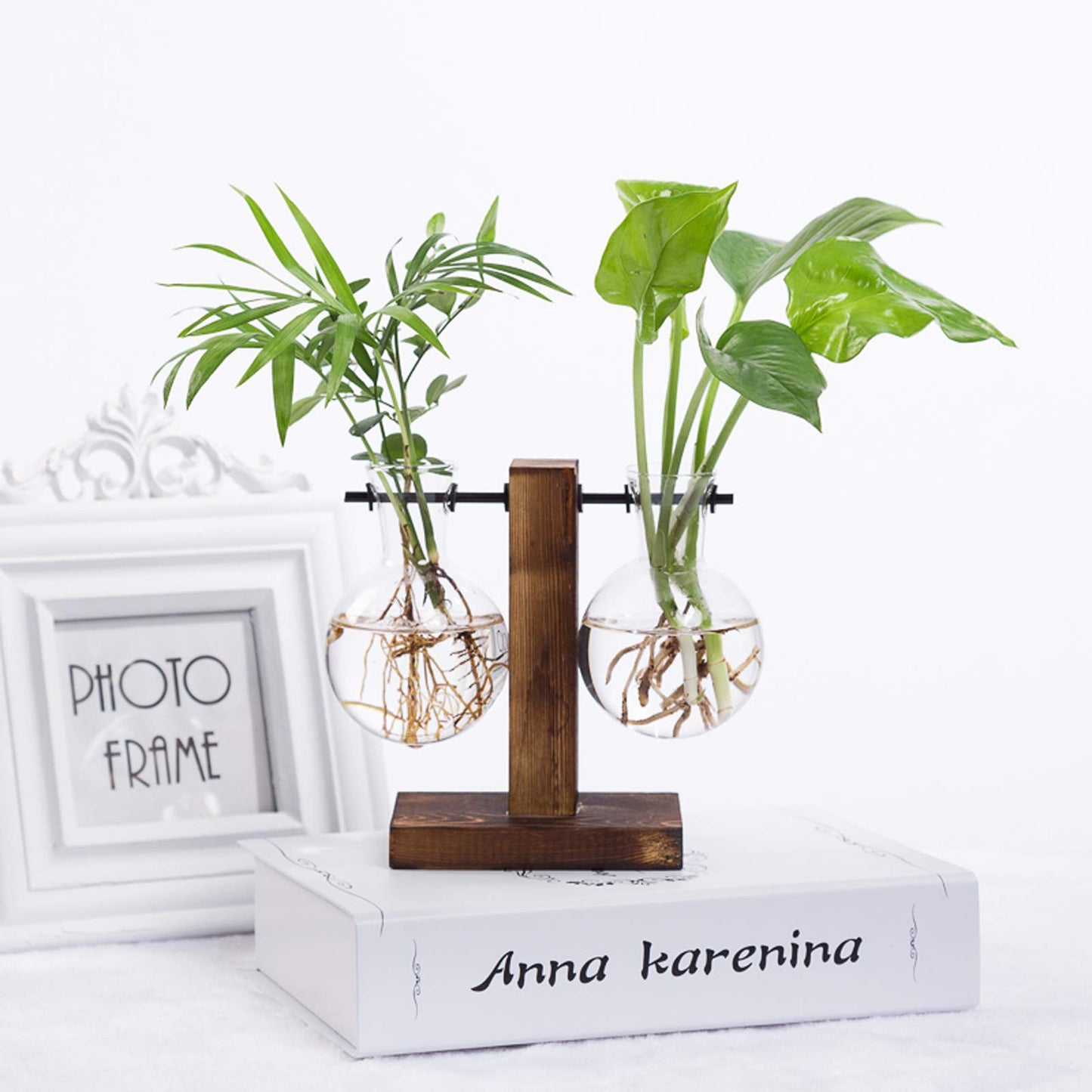 WUWEOT 3 Stück Hydroponik Glasvase mit Holz Halter Hängevase Blumenvase Tischvase Dekovase Birne Vintage Avocado Vase mit Holzständer Dekoration für Zuhause Garten Büro Schreibtisch