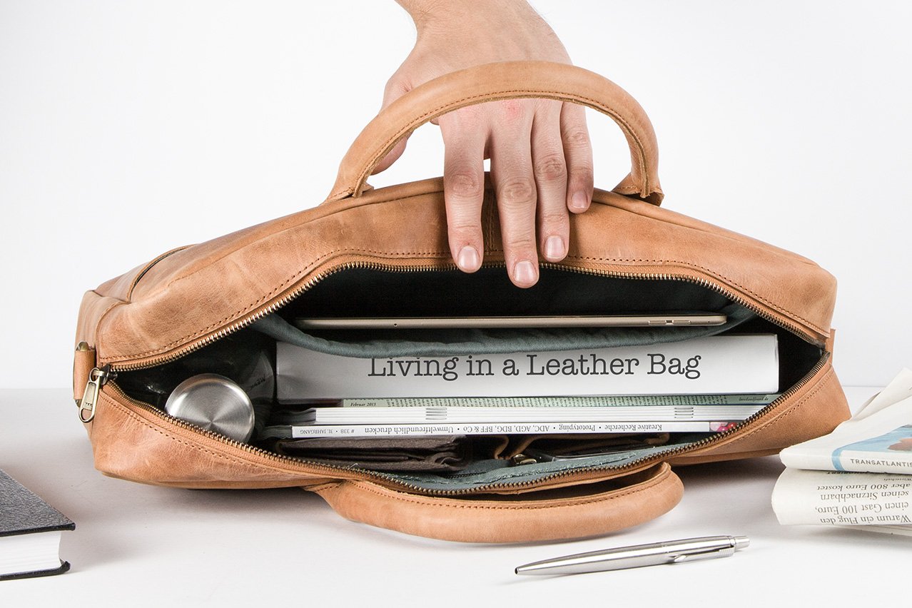 Holzrichter BERLIN Tragetasche No 1-1 (M) camel-braun - Große Briefcase-Aktentasche & Laptoptasche handgefertigt aus Premium-Leder