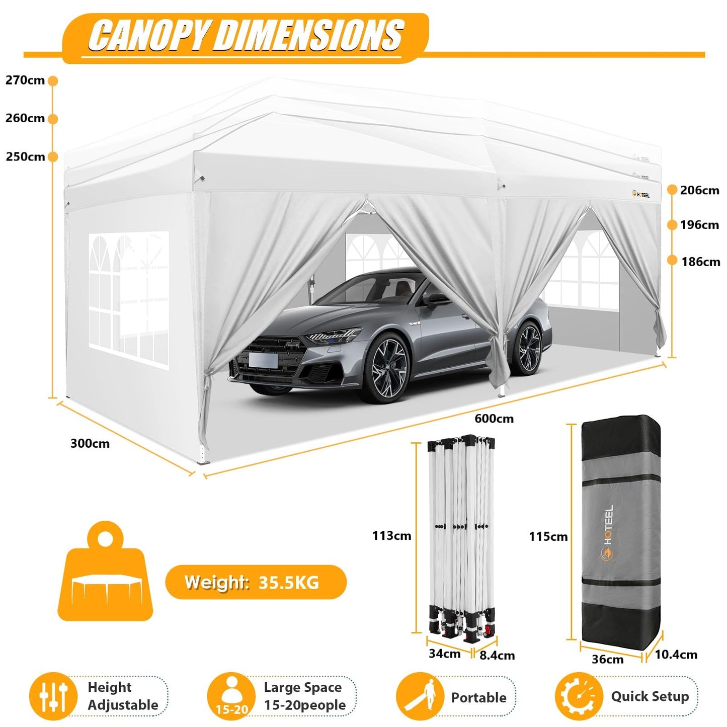 HOTEEL Pavillon 3x6 mit Seitenwnden, Faltpavillon 3x6 Wasserdicht Stabil Winterfest mit 4 Sandsäcke, Einfach Einzurichten Partyzelt für Outdoor-Party, Garten, Hochzeit, Event, Weiß
