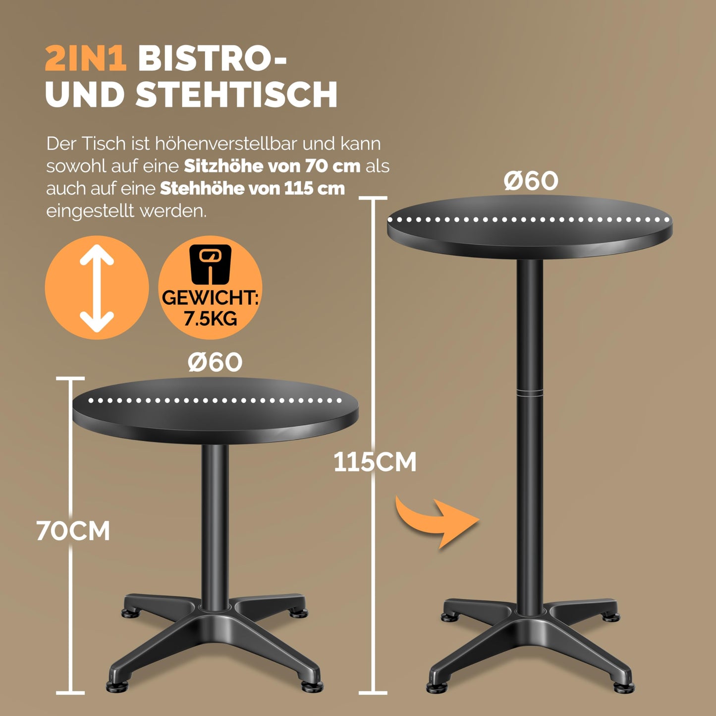 Casaria® 2in1 Stehtisch 2er Set Höhenverstellbar Klappbar 70 cm / 115 cm Wetterfest Alu Ø 60 cm Rund Outdoor Indoor Beistelltisch Bistrotisch Schwarz