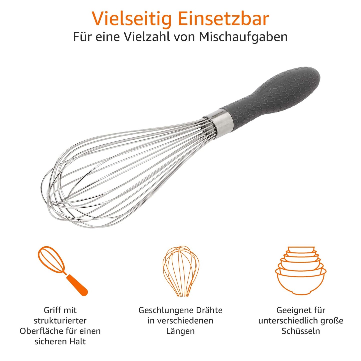 Amazon Basics SchneebesenSet aus Edelstahl, 3 Stück, Grau, Silber, Grau/Silber