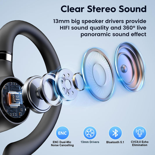 New bee Bluetooth Headset, V5.1 Wireless Freisprech Headset mit 72h Spielzeit und CVC 8.0 Dual ENC Geräuschunterdrückung Mikrofon, Bluetooth-Ohrhörer mit Ladecase für iPhone/Android/Laptop