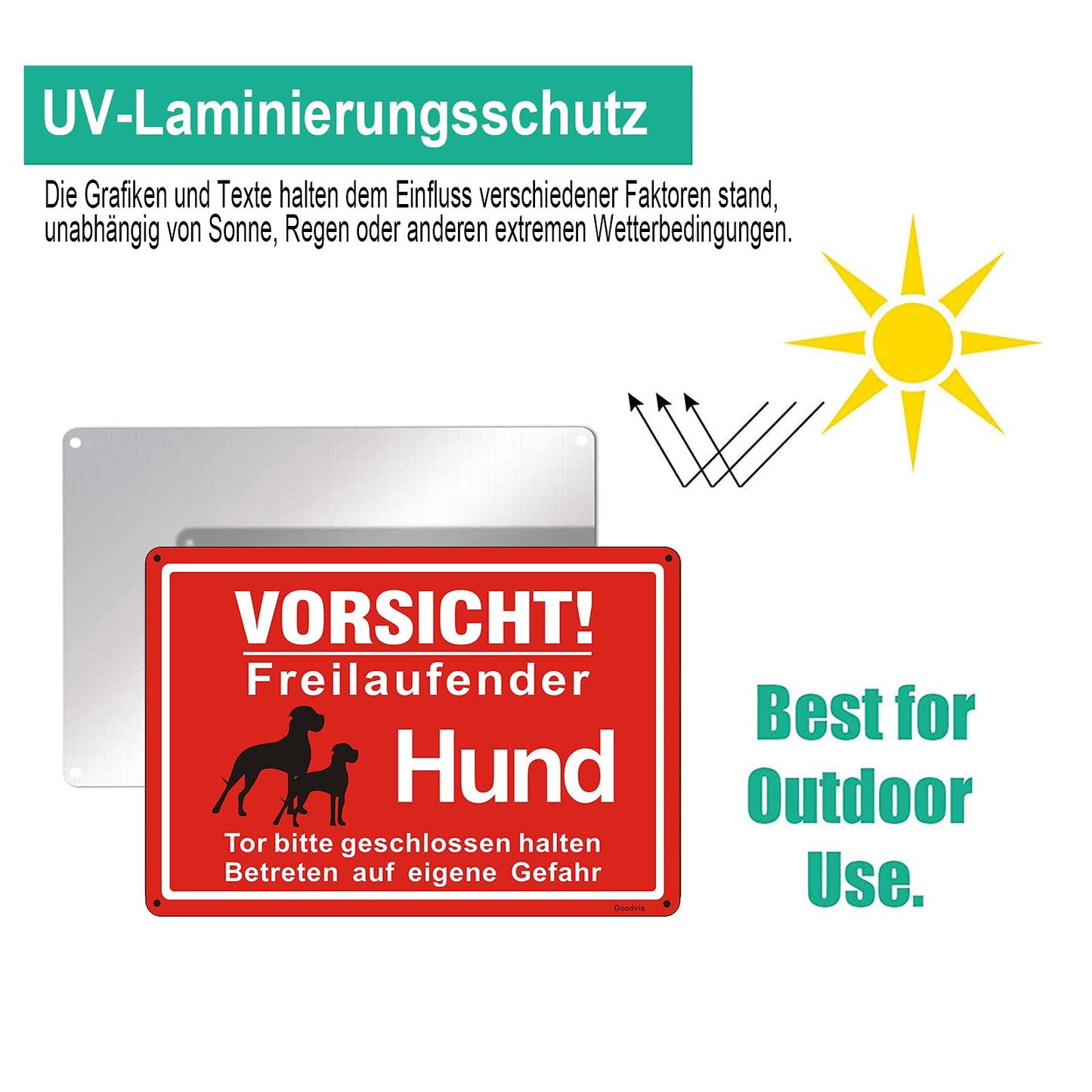 Goodvia Freilaufender Hund Schild Metall 20 * 30cm, Achtung Hunde Schild Vorsicht Freilaufender Hund Aluminium Reflektierendes Schilder Warnung vor Dem Hund, Innen und Außen Anwendbar