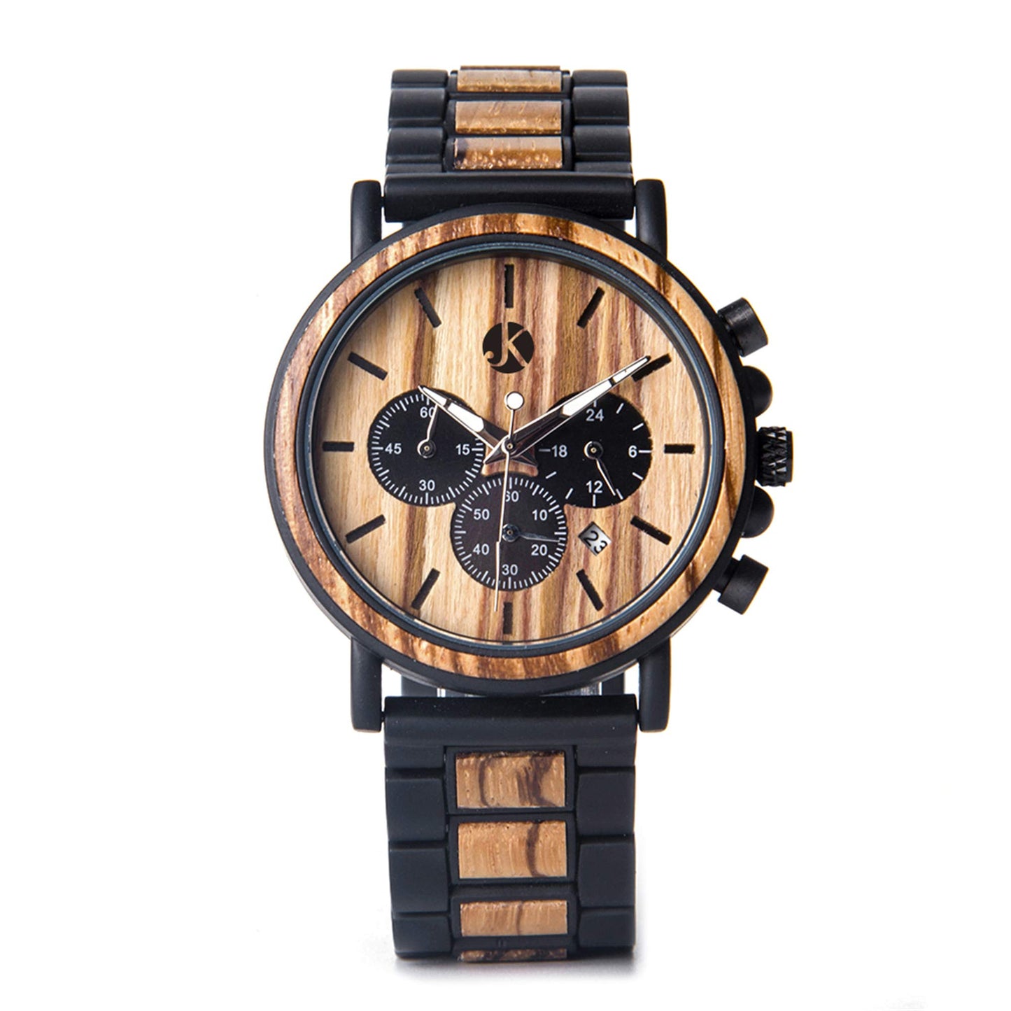 Kim Johanson Herren Holz-Edelstahl Armbanduhr *Military* in Hellbraun Chronograph mit Stoppuhr & einem Gliederarmband Handgefertigt Quarz Analog Uhr inkl. Geschenkbox