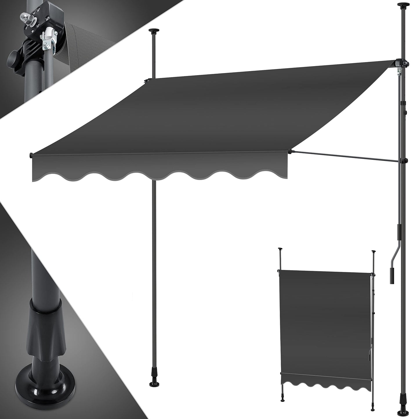 KESSER® Sonnenschutz Markise manuell ausziehbar 350cm | Sonnensegel UV Schutz Sonnenschutz | Klemmmarkise für Outdoor, Terrasse, Balkon, Garten höhenverstellbar ohne Bohren, Anthrazit