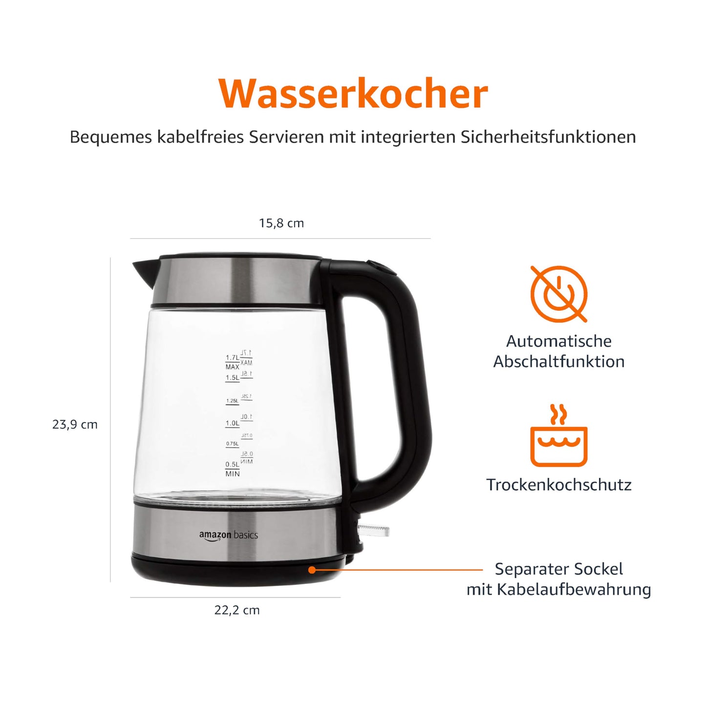 Amazon Basics - Elektrischer Wasserkocher aus Glas, 1,7 l, 2200 W, Schwarz, Silber