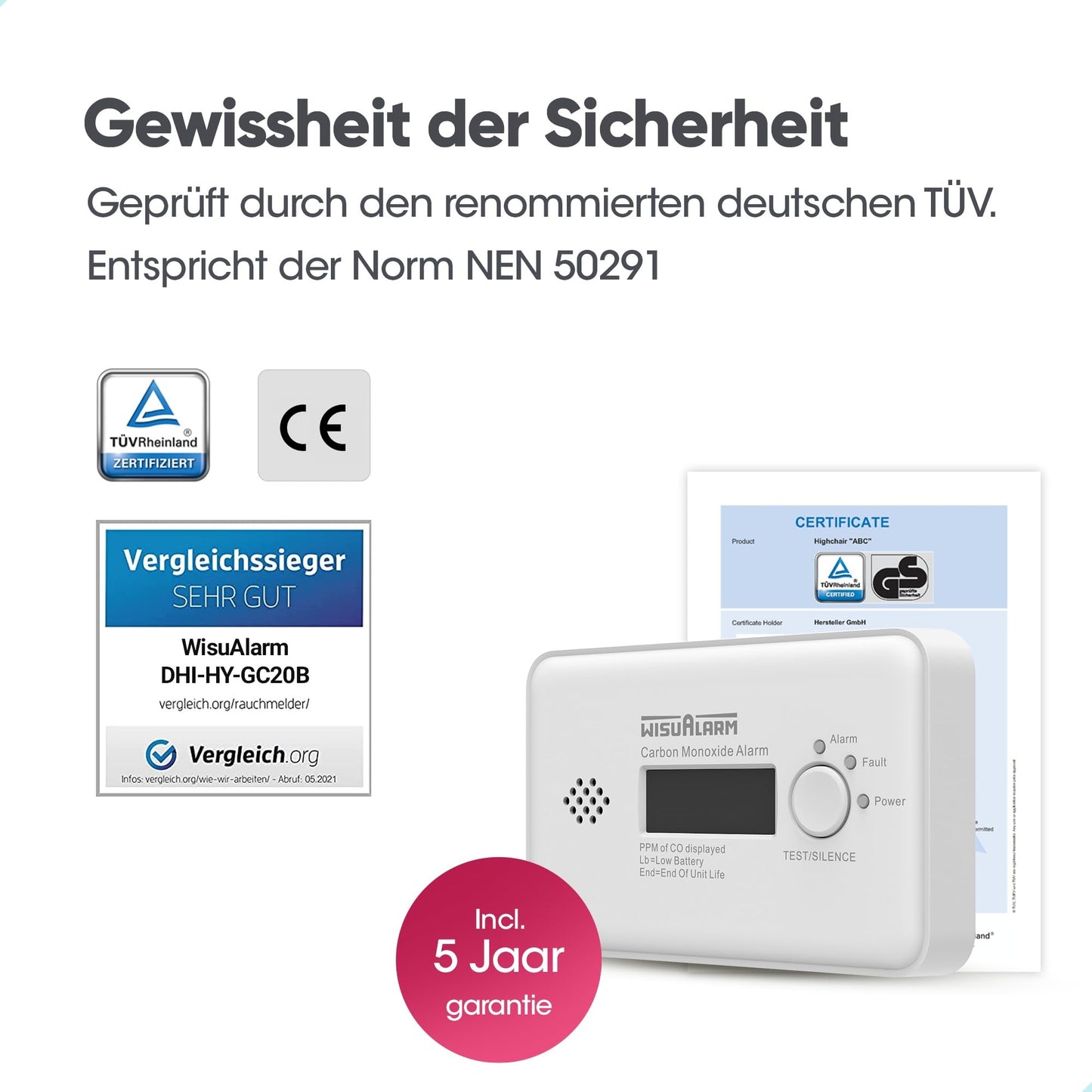 Kohlenmonoxid Melder, CO Melder, 10 Jahre Batterie kohlenmonoxid messgerät, CO Warner mit LCD Display und Test/Silence Taste, TÜV Zertifiziert nach EN 50291