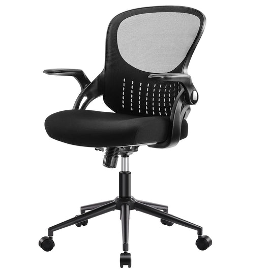 Home Office Stuhl Ergonomischer Schreibtischstuhl Mesh Computerstuhl Moderner Höhenverstellbarer Drehstuhl mit Lendenwirbelstütze/Klapparmlehnen, Schwarz