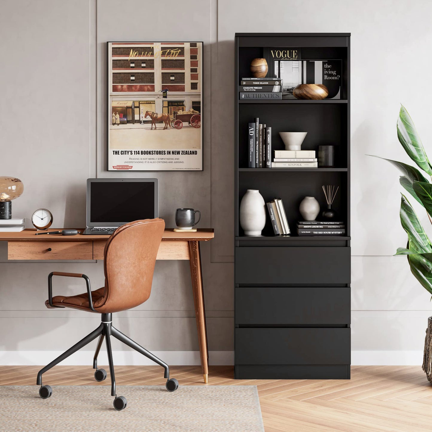 FirFurd Bücherregal mit 3 Schubladen 3 Fächern, 180 cm Hochschrank, Küchenschrank aus Holz, Mehrzweckschrank für Wohnzimmer Büro Küche, Schwarz