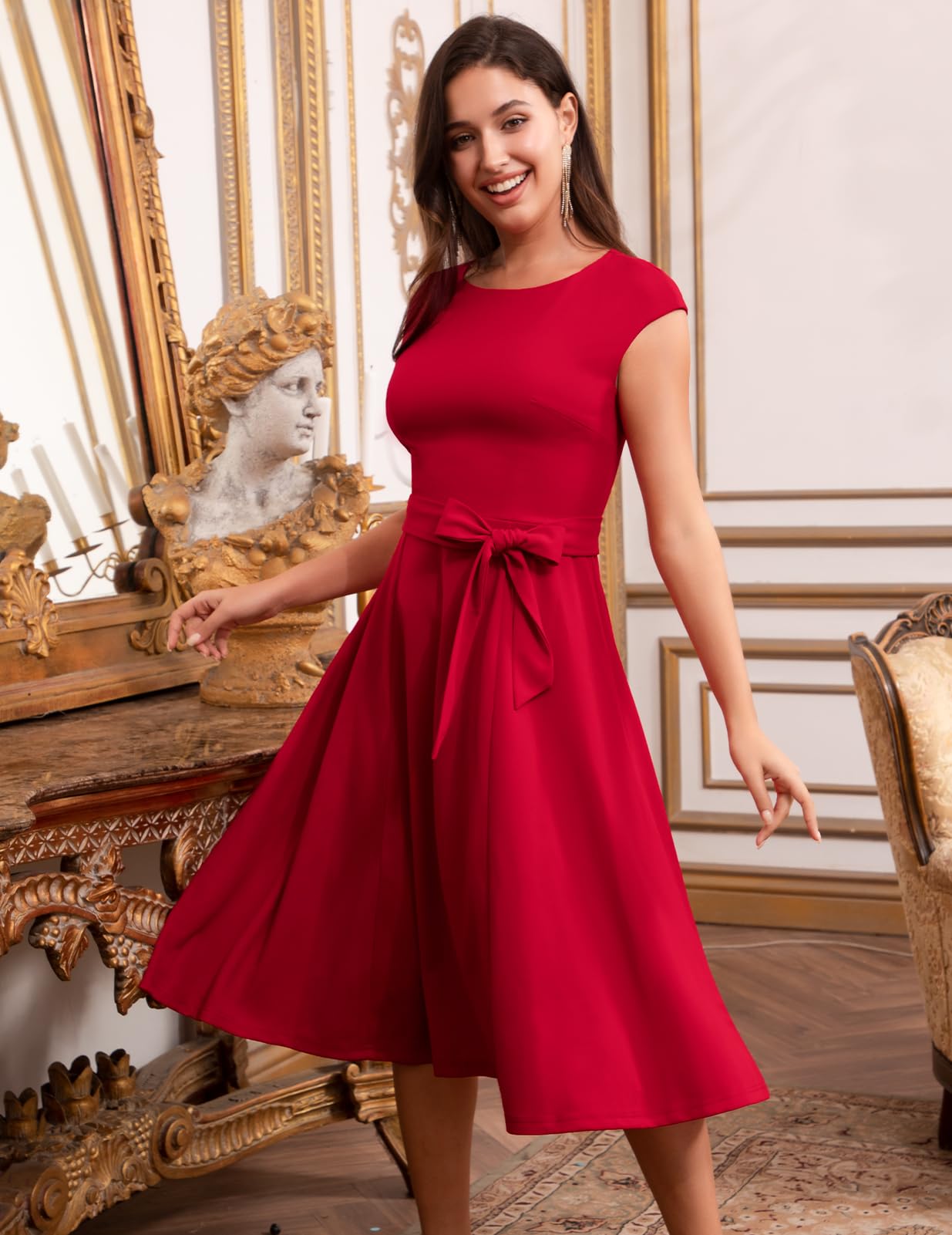 DRESSTELLS Damen Elegant Hochzeitkleid 1950er Vintgae Retro Cocktailkleid A-Line Swing Festlich Knielang Kleid Red 2XL