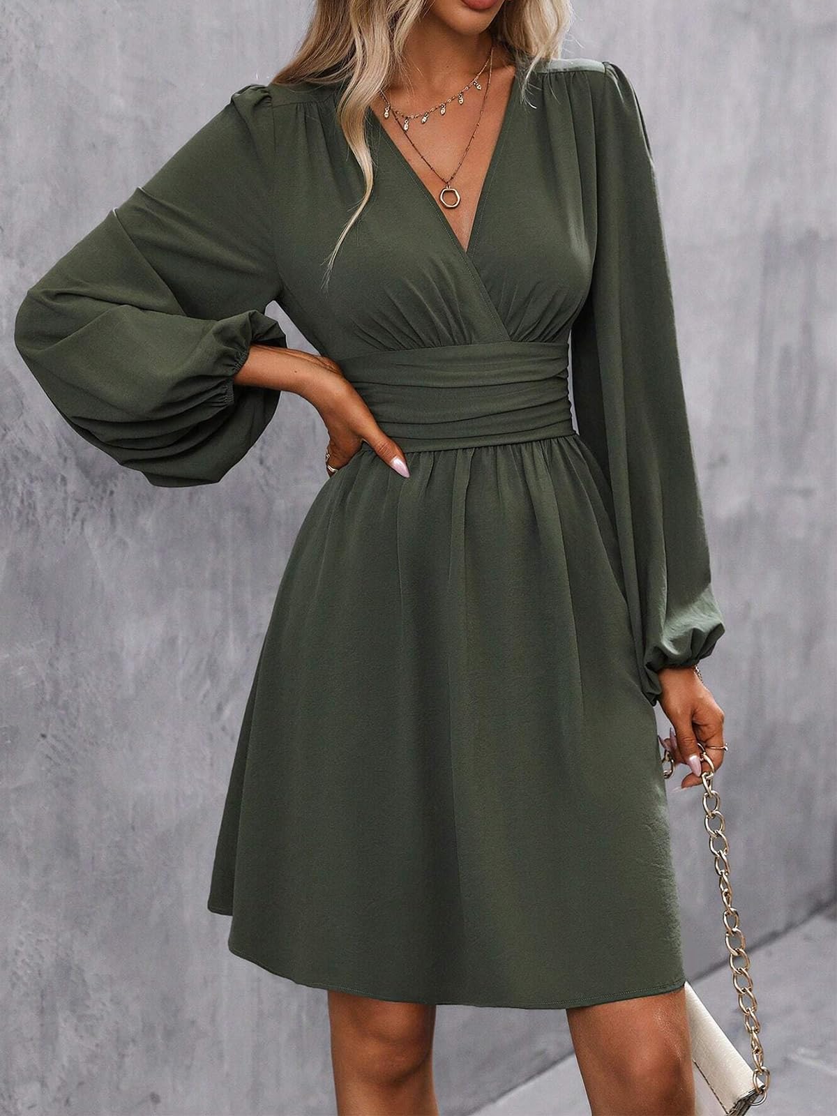 LIAMERHE Damen Elegant Kleid Langarm V-Ausschnitt Casual Kleider A-Linie Winterkleider Blumenmuster Minikleid Freizeitkleider Herbst Winter Laternenärmeln Kleid Partykleid Grün XL