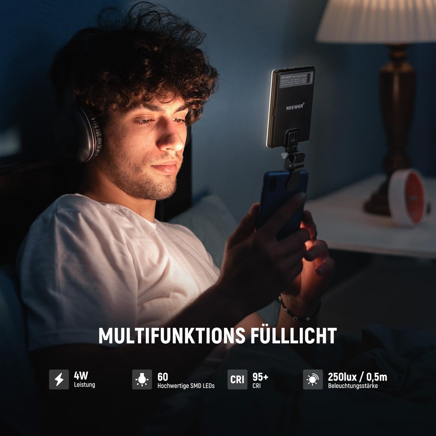 NEEWER Basic Clip On Selfie Licht kompatibel mit iPhone, 2000mAh wiederaufladbares LED Videolicht mit Handy Clamp für Computer Webcam, Laptop, Zoom Videokonferenzen, Make up Fotografie, NL-60AI