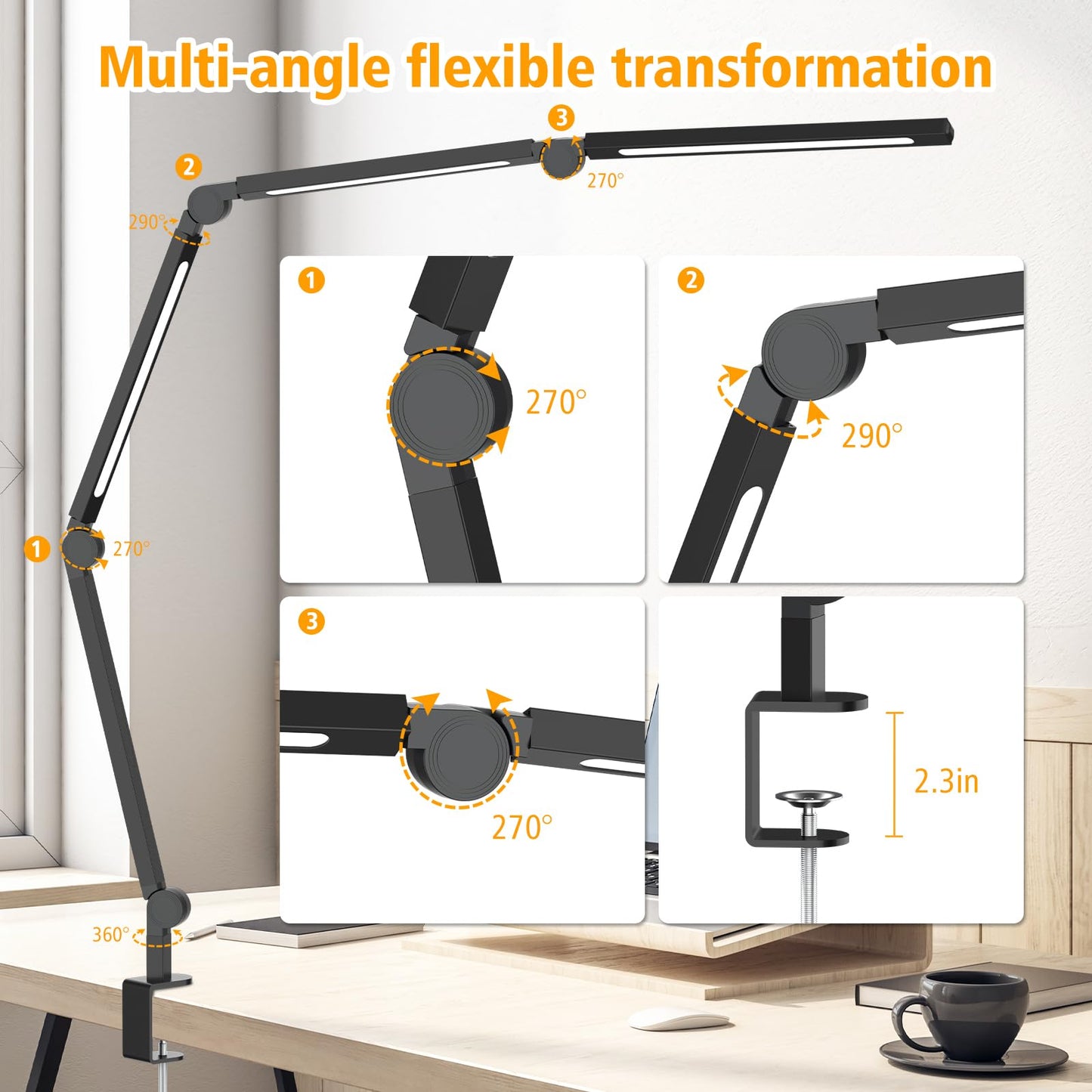 AILBTON LED Schreibtischlampe mit Clip,Mehrwinkel-Flexible 4 Abschnitte 3 Lichtquellen Büroschreibtischlampe,4 Farbtemperaturen und 5 Helligkeitsstufen,Nachtaugenpflege Tischlampe für Zuhause Büro