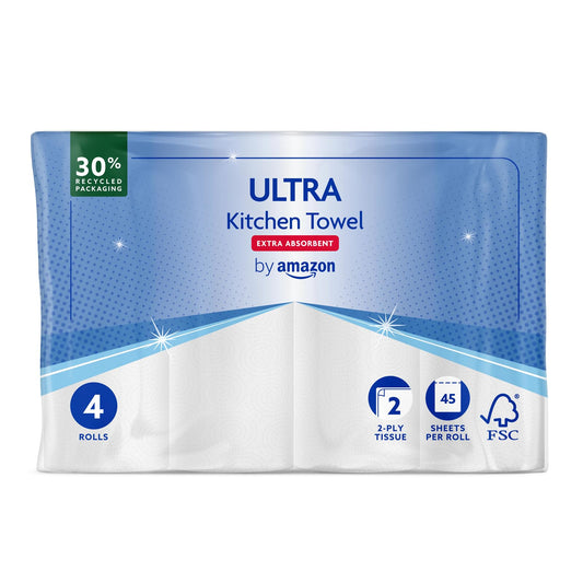 by Amazon ULTRA Küchenrolle, Extra Saugfähig, 4 Rollen (4 Rollen, 1-er Pack), 45 Blätter pro Rolle, Auswringen und Wiederverwenden, FSC-zertifiziert