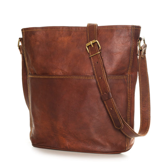 LEABAGS Leder Handtasche Damen I Premium Echtleder Umhängetasche I Damen Schultertasche I Damentasche I Tragetasche für Arbeit Uni Schule Freizeit I Größe L (31 x 29 x 6 cm) I Vintage Cognac