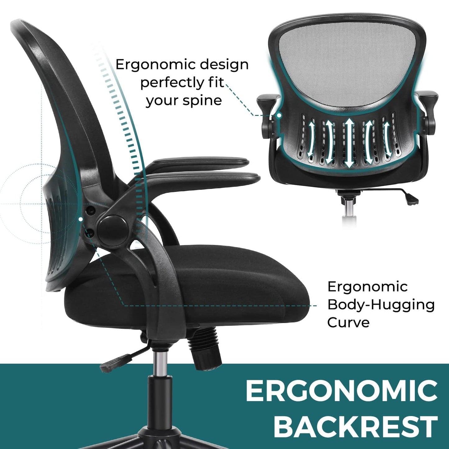 Home Office Stuhl Ergonomischer Schreibtischstuhl Mesh Computerstuhl Moderner Höhenverstellbarer Drehstuhl mit Lendenwirbelstütze/Klapparmlehnen, Schwarz