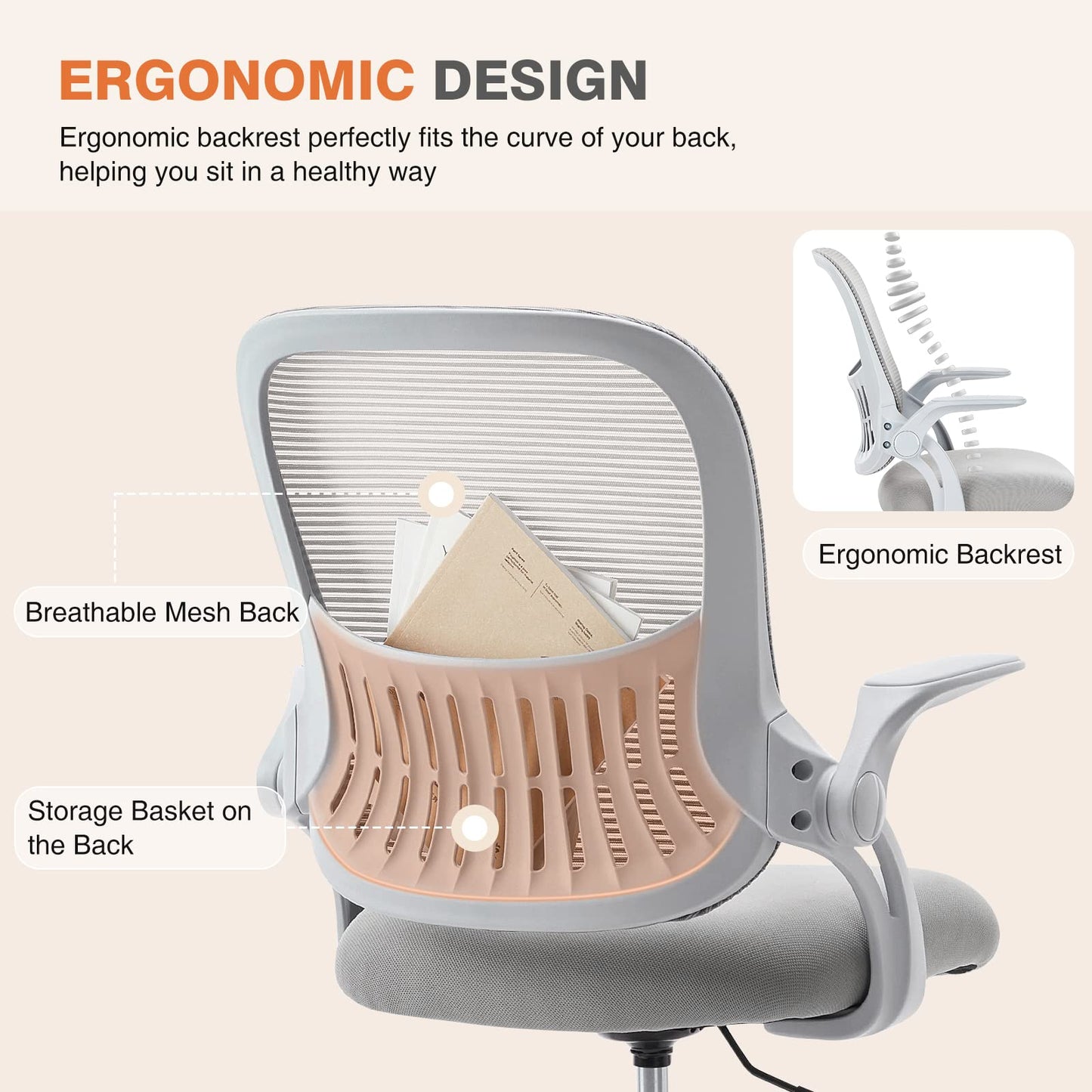Sweetcrispy Bürostuhl Ergonomisch, Schreibtischstuhl mit Lendenwirbelstütze, Höhenverstellbarkeit Stuhl, Bürostühle mit Armlehne, Office Chair Geeignet für Büro und Schlafzimmer, Grau