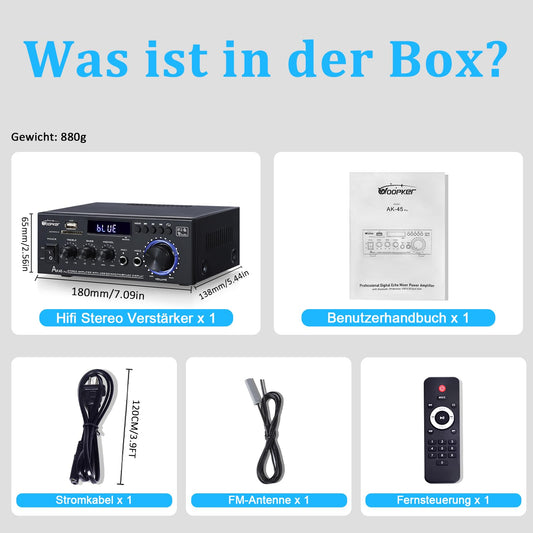 AK45 Pro HiFi-Verstärker WOOPKER Mini Verstärker, 500W,2 Kanäle Bluetooth Verstärker HiFi Stereo w/UKW-Radio, USB,SD,RCA,MIC In,Audio Verstärker Receiver für Zuhause oder Auto