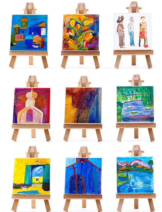 9 Stück Mini Leinwand mit Mini Staffelei, Mini Holz Dekoration Staffelei Kleine Holz Dreieck Staffelei für Display, Fotos, Visitenkarten, Fotoalben, Poster Foto Memo, Malhandwerk